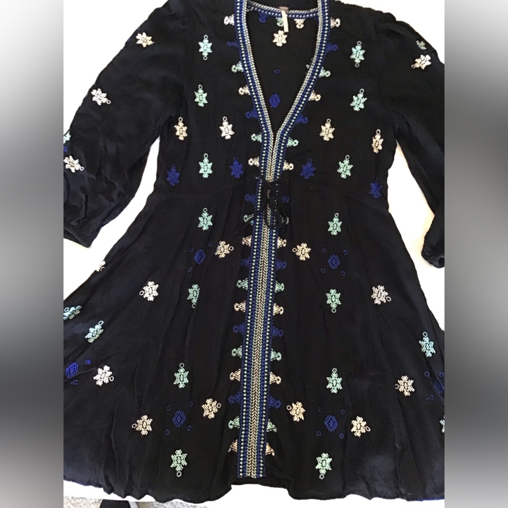 Free People Black Long Sleeve Dress with Colbalt, Light Blue & White Embroidery